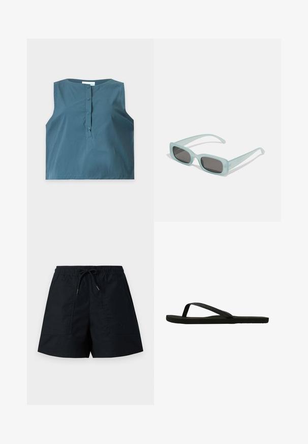 Mouwloze blauwe top met een ronde hals en vier knopen op de voorzijde, plat neergelegd op een effen lichte achtergrond.; Zwarte casual shorts met een elastische tailleband en trekkoord, voorzien van twee voorzakken met klep.; Zwarte flip-flops met een gestructureerde band en platte zool. De band heeft een subtiele glans. Eenvoudig ontwerp, lichtgewicht en flexibele vorm.; Een paar rechthoekige zonnebrillen met lichtblauwe doorzichtige monturen en donkergrijze glazen, met rechte pootjes en minimale hardwaredetails.