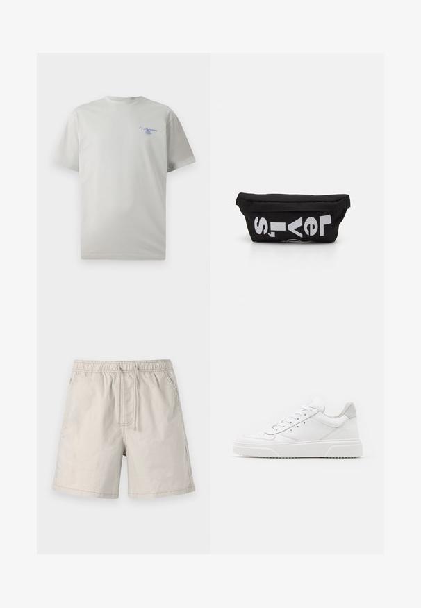 Lys grå bomulds T-shirt med korte ærmer, rund halsudskæring og en lille blå logotekst på venstre brystområde. Glat overflade.; Beige shorts lavet af letvægtsstof, med elastisk talje, snoretræk og sidelommer med kontrasterende syninger.; Hvide lædersneakers med en glat finish, rund tå, flade snørebånd og en struktureret sål. Grå ruskindsdetalje ved hælen.; Sort stoftaske med flad form, prydet med fed hvid tekst. Lynlåsen er placeret øverst, med en løkke detalje på den ene side.