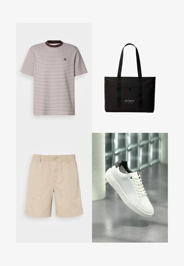 Gestreiftes T-Shirt mit kurzen Ärmeln in Braun und Creme mit horizontalen Streifen, Rundhalsausschnitt mit braunem Saum und kleinem gestickten Logo auf der Brust.; Beige Baumwollshorts mit elastischem Bund, vorderem Knopf und zwei seitlichen Taschen. Sie verfügen über dezente Nähte und ein kleines Logo an der Seite.; Weißer Sneaker mit niedrigem Schaft, schwarzem, strukturiertem Fersenlaschen, weißen Schnürsenkeln und dicker Sohle auf einem polierten Betonboden in der Nähe von Glasbausteinen.; Schwarze Calvin Klein Tote-Tasche mit zwei langen Griffen und Fronttasche, mit dem Markenlogo in Weiß und Grau.