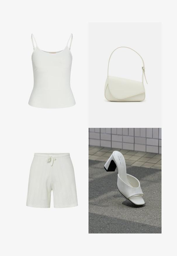 Top sans manches blanc avec bretelles réglables, design ajusté, texture de tissu lisse et encolure ronde. Aucun motif ni détail matériel.; Shorts en tricot blancs avec une taille élastique et un cordon de serrage. Dotés de rayures texturées et d'une coupe décontractée. Tissu doux pour le confort.; Une mule blanche à bout ouvert avec talon bloc posée sur un bitume gris devant un mur carrelé.; Sac à main en cuir synthétique blanc avec une forme triangulaire structurée, une bandoulière unique réglable et un rabat à courbes accentuées.