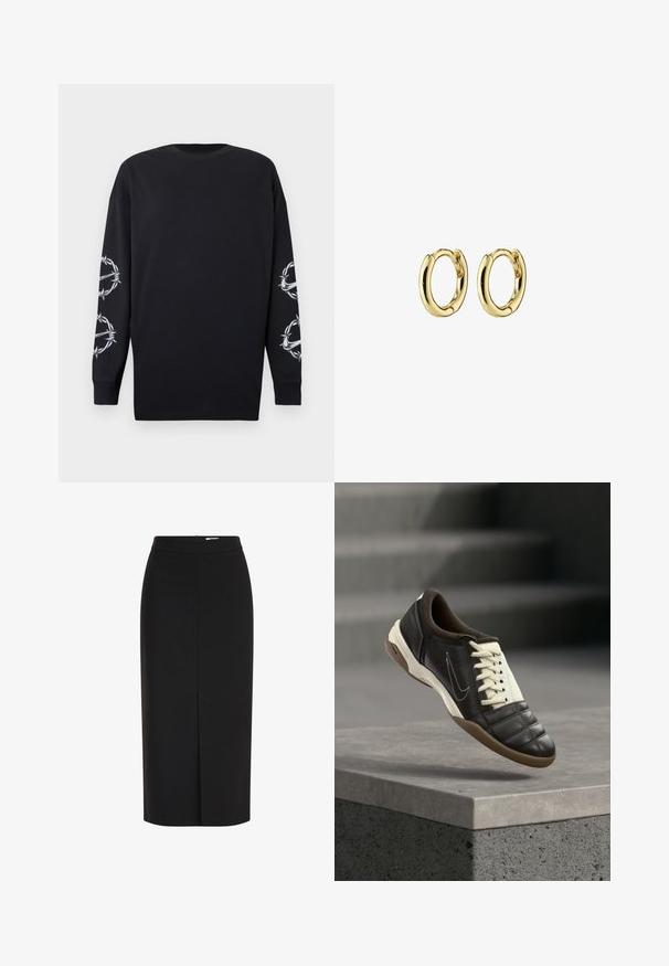Schwarzes Langarmshirt mit rundem Ausschnitt, das auf beiden Ärmeln weiße Grafiken von Stacheldraht und Dornen zeigt.; Schwarzer Midirock mit hoher Taille, Bleistiftschnitt, vorderem Schlitz und verdecktem Reißverschluss vor weißem Hintergrund.; Dunkelbrauner Ledersneaker mit cremefarbenen Schnürsenkeln, einem gepolsterten Kragen und einer strukturierten Zehenpartie. Verfügt über eine Gummisohle und ein seitlich angebrachte Swoosh-Logo.; Goldene Creolen mit einem glatten, abgerundeten Design und polierter Oberfläche. Jede Ohrringe verfügt über einen sicheren Verschluss und eine leichte Krümmung.