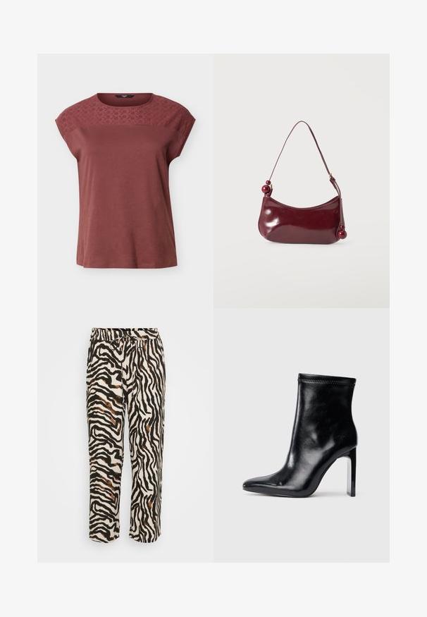 Top de manga corta en color malva con detalle de encaje floral bordado en la parte superior del pecho y los hombros, escote redondo, ajuste holgado.; Pantalones con cordón en una tela ligera, con un patrón de cebra en blanco y negro con acentos marrones. Corte relajado y largo cropped.; Botín de cuero negro hasta el tobillo con punta afilada y tacón transparente alto. Textura suave y detalles mínimos de costura en la parte superior.; Bolso pequeño brillante de color rojo oscuro con un borde superior curvado y cuentas redondas decorativas en los extremos de la correa.