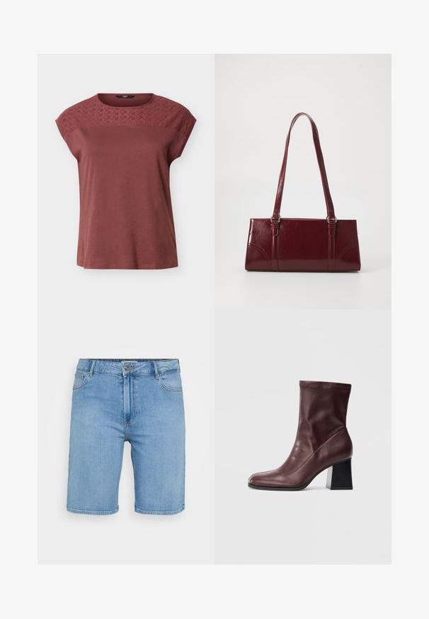Kortærmet mauve top med broderet blomsterblonde på tværs af øverste del af brystet og skuldrene, rund halsudskæring, løs pasform.; Lys blå denim shorts med klassisk pasform, der har en frontknaplukning, bæltestropper og to sidelommer. Glat tekstur og lige kant.; Burgunderrød læder ankelstøvle med firkantet tå og ribbet ankelfledd, der har en kraftig sort blokhæl med vandrette riller.; Bordeaux håndtaske lavet af glansfuldt materiale, rektangulær form, med to skulderremme og subtile buede detaljer på forsiden.