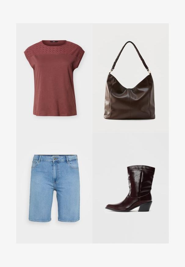 Kortærmet mauve top med broderet blomsterblonde på tværs af øverste del af brystet og skuldrene, rund halsudskæring, løs pasform.; Lys blå denim shorts med klassisk pasform, der har en frontknaplukning, bæltestropper og to sidelommer. Glat tekstur og lige kant.; Bordeaux læder ankelstøvler med spids tå, tekstureret overflade og en lav, taperet hæl. Har diskrete søm og en tætsiddende pasform.; Mørkebrun læder skuldertaske med flettet håndtag og synlige sømdetaljer på forsiden.