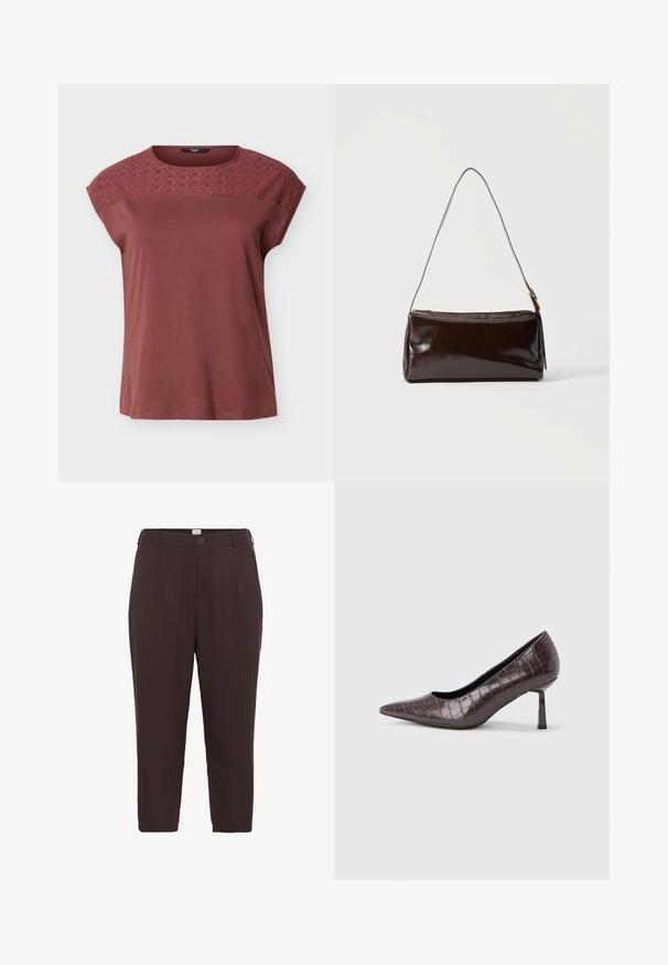 Kortærmet mauve top med broderet blomsterblonde på tværs af øverste del af brystet og skuldrene, rund halsudskæring, løs pasform.; Brune, knælange bukser lavet af et glat, vævet stof, der har en knaplukning og to sidelommer til praktisk brug.; Brune kunstlæder stiletter med spidse tæer og krokodilletekstur, der har en slank, vinklet hæl og en glat inderside.; Mørkebrun rektangulær læder skuldertaske med en enkelt tynd rem og spænde i guldton på en ensfarvet baggrund.