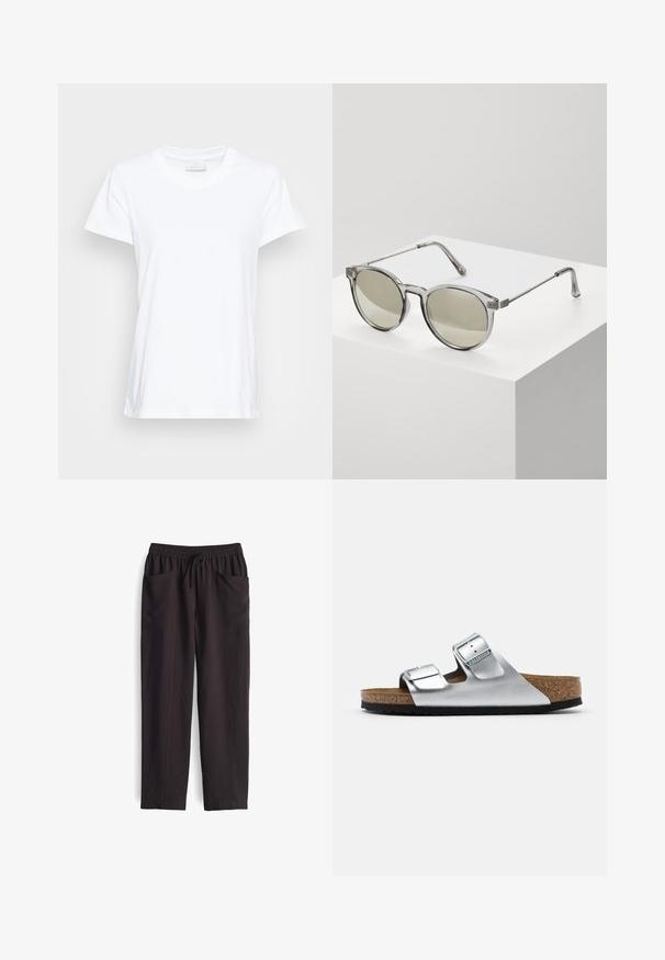 Witte t-shirt met korte mouwen, gemaakt van zachte katoen. Heeft een ronde halslijn en een iets losse pasvorm met zijsplitten voor extra comfort.; Zwarte, losse broek met een elastische tailleband en verstelbaar trekkoord; heeft twee voorke pockets en een gladde textuur.; Zilveren leren sandaal met twee verstelbare gespen, kurken voetbed en een gestructureerde zwarte rubberen zool. Open teen ontwerp met zachte randen.; Ronde zonnebrillen met transparante grijze monturen en grijs-getinte lenzen. Metalen accenten op de veren en gebogen armen voor stabiliteit.