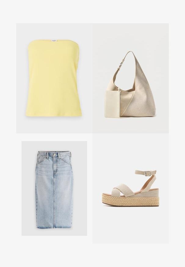 Top sans manches rayé jaune avec un design ajusté. Présente des accents de boutons sur le côté, une texture lisse et un décolleté droit.; Jupe midi en denim bleu clair à coupe droite, avec poches avant et ourlet effiloché. Comprend des passants de ceinture et un détail de couture centrale à l'avant.; Sandales plateforme espadrilles beiges avec une tige en textile tissé, des sangles croisées, une boucle à la cheville et une semelle en jute texturé.; Sac hobo en tissu beige avec bandoulière réglable et petite pochette rectangulaire zippée assortie attachée.