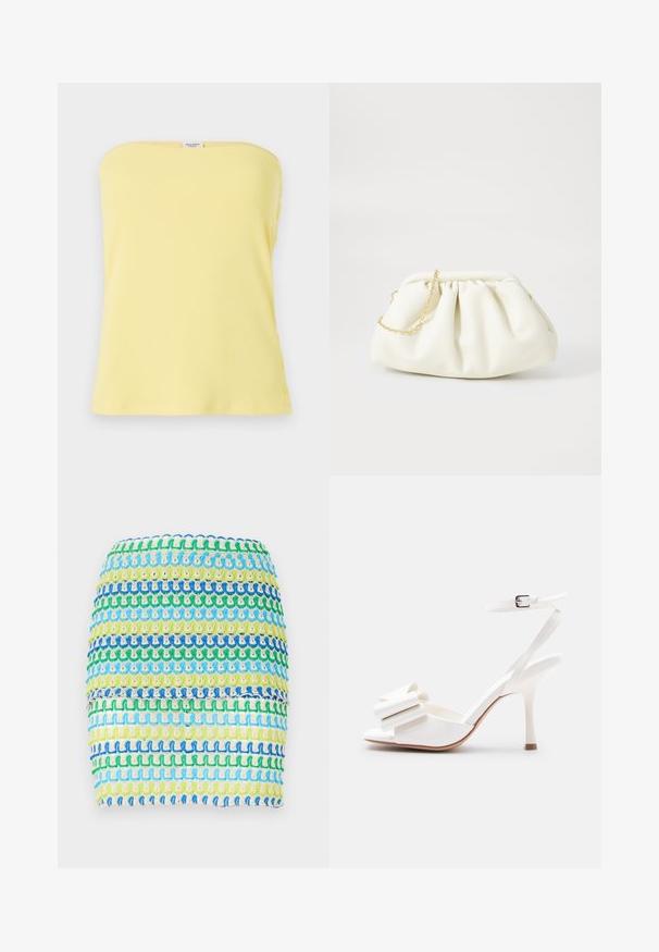 Geel geribbeld strapless top met een aangesloten ontwerp. Bevat knoopaccenten aan de zijkant, een gladde textuur en een rechte halslijn.; Textiele miniskirt met horizontale strepen in blauw, groen en geel. Het ontwerp heeft een gestructureerde, geweven uitstraling met een gelaagd effect.; Witte sandaal met hoge hak en enkelbandje, open teen en decoratieve strik op het voorste bandje tegen een effen achtergrond.; Witte leren handtas met een geassembleerd ontwerp, voorzien van een gouden kettingband en een ronde vorm. Gladde textuur met zachte plooien en geen patronen.