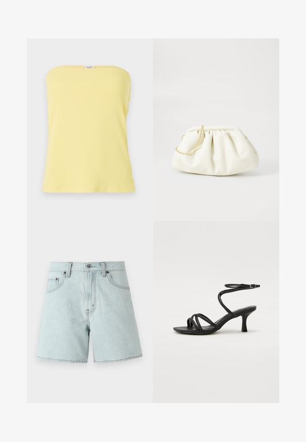 Gul ribbet stropløs top med en tætsiddende design. Har knapdetaljer på siden, glat tekstur og en lige udskæring.; Lyseblå denimshorts med høj talje, der har to forlommer, en knaplukning og detaljer med sidesyning.; Even&Odd Wide Fit by Zalando Sandaler - black; Hvid læderhåndtaske med en samlede design, forsynet med en guldkæde-strop og en rund form. Glat tekstur med bløde folder og ingen mønstre.