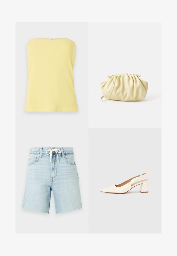 Top sans manches rayé jaune avec un design ajusté. Présente des accents de boutons sur le côté, une texture lisse et un décolleté droit.; Shorts en denim bleu clair avec taille à cordon, ourlet légèrement effiloché et cinq poches. Présente une texture décolorée et des accents de rivets en cuivre.; Escarpin slingback en cuir verni crème brillant, avec un bout pointu et un talon carré épais pour la stabilité. Design minimaliste, sans ornements.; Sac à main plissé jaune en simili cuir lisse, arborant une forme douce avec une bandoulière unique et un design froncé sur le dessus.