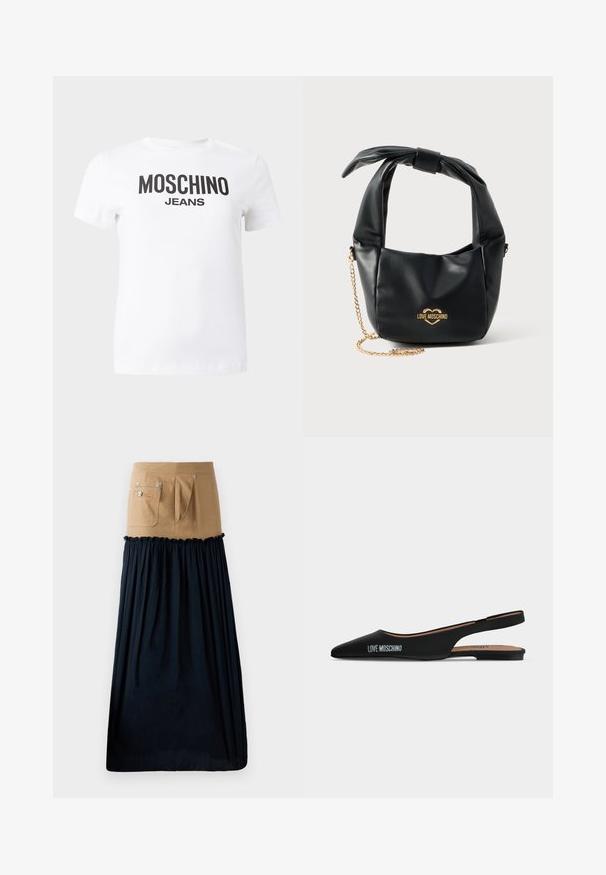 Hvid t-shirt med korte ærmer og sort tekst "MOSCHINO JEANS" trykt hen over brystet, vist på en ensfarvet baggrund.; Lyse denim nederdel med navy crepe flæse detajler; har lommer og sølv hardware; kombinerer en struktureret top med en svag nederste sektion.; Sort spids slingback flad sko med lav hæl og "LOVE MOSCHINO"-logo på siden mod en enkel lys baggrund.; Sort blød læder Love Moschino håndtaske med knyttet håndtag og guldkæde-strop på hvid baggrund.