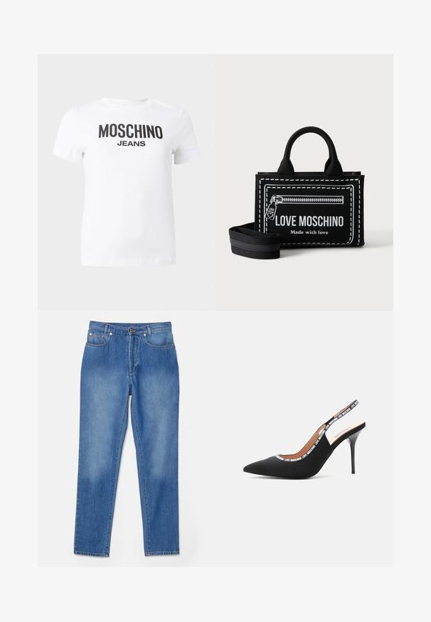 Valge lühikeste varrukatega t-särk, mille rinnale on trükitud musta värviga "MOSCHINO JEANS" tekst, nähtav lihtsal taustal.; Sinine denimist teksapüksid sirge jala lõikega, viie taskuga, kuldsete detailide aktsentidega ja õrn fadeefektiga põlvede lähedal.; Love Moschino LOGO TAPE - Kõrge kontsaga kingad - black; Must värvi Moschino käekott kahe käepideme, eemaldatava õlarihma ning valge trükitud luku ja tekstiga "Made with love."