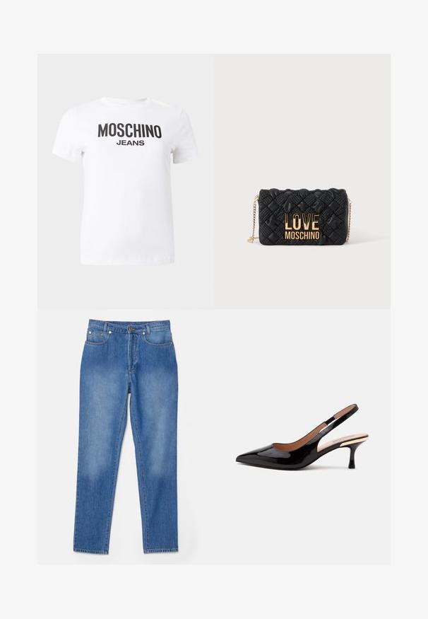 T-shirt blanc à manches courtes avec le texte noir "MOSCHINO JEANS" imprimé sur la poitrine, présenté sur un fond uni.; Jean en denim bleu avec une coupe droite, cinq poches, accents en métal doré et décoloration subtile près des genoux.; Escarpin slingback en cuir verni noir avec bout pointu et petit talon kitten sur fond blanc uni.; Sac bandoulière matelassé noir avec bandoulière chaîne dorée et grand logo doré "LOVE MOSCHINO" sur le devant.