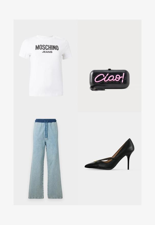 Biele tričko s krátkym rukávom s čiernym textom "MOSCHINO JEANS" vytlačeným cez hruď, zobrazené na jednoduchom pozadí.; Svetlo modré široké džíny s tmavo modrým elastickým pásom a zodpovedajúcim šnúrkovým opaskom s kovovými koncami.; Čierna kožená lodička na vysokom podpätku s ukázanou špičkou a úzkym pásikom cez vrch, ktorý je zabezpečený malou zlatou prackou na jednofarebnom pozadí.; Čierna obdĺžniková kabelka s ružovým neónovým nápisom "Ciao!" a malým čiernym remienkom na zápästie na bielom pozadí.