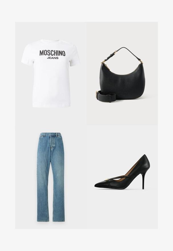 Hvid t-shirt med korte ærmer og sort tekst "MOSCHINO JEANS" trykt hen over brystet, vist på en ensfarvet baggrund.; Lyseblå denim jeans med lige ben-design, fem lomme-stil og en synlig talje. Teksturen er let slidt, men intakt.; Sort læder højhælet sko med spids tå og slank rem over toppen, fastgjort med en lille guldbælte på ensartet baggrund.; Sort struktureret skuldertaske i læder med guld lynlås, justerbar rem og aftageligt bredt bælte på hvid baggrund.