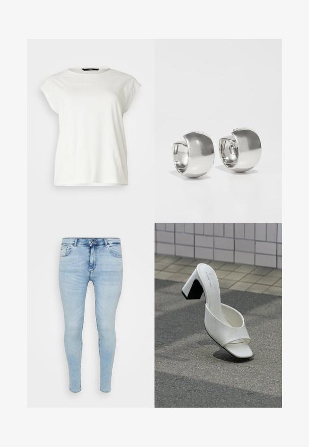 Hvid kortærmet t-shirt med tekstureret blondeindsats, rund halsudskæring og en afslappet pasform. Blødt bomuldsstof med fin detaljer på skuldrene.; Lyseblå skinny jeans med et klassisk fem-lomme design, knap- og lynlåslukning samt slidt tekstur på stoffet.; Enkelt hvid åben tå mule med blokhæl står på grå asfalt mod en flisebelagt væg.; Uncommon Matters SCULPTURAL LARGE CREOLE - Øreringe - silver-coloured