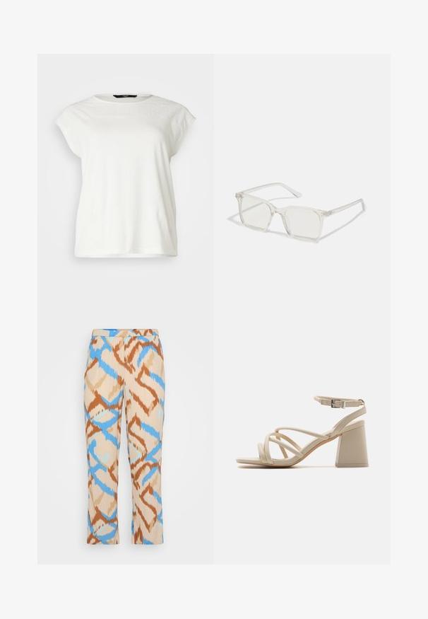 Camiseta blanca de manga corta con un yugo de encaje texturizado, escote redondo y un corte relajado. Material de algodón suave con detalles sutiles en los hombros.; Pantalones con estampado en beige, con un diseño abstracto en azul y marrón. Fabricados con un material liviano y con un corte de pierna recta.; Sandalias de tacón en color beige con correas entrelazadas, hebilla en el tobillo y tacón de bloque cuadrado para mayor estabilidad. Textura suave similar al cuero.; Gafas cuadradas de plástico transparente con lentes translúcidos, que cuentan con acentos dorados en las patillas para un detalle adicional.