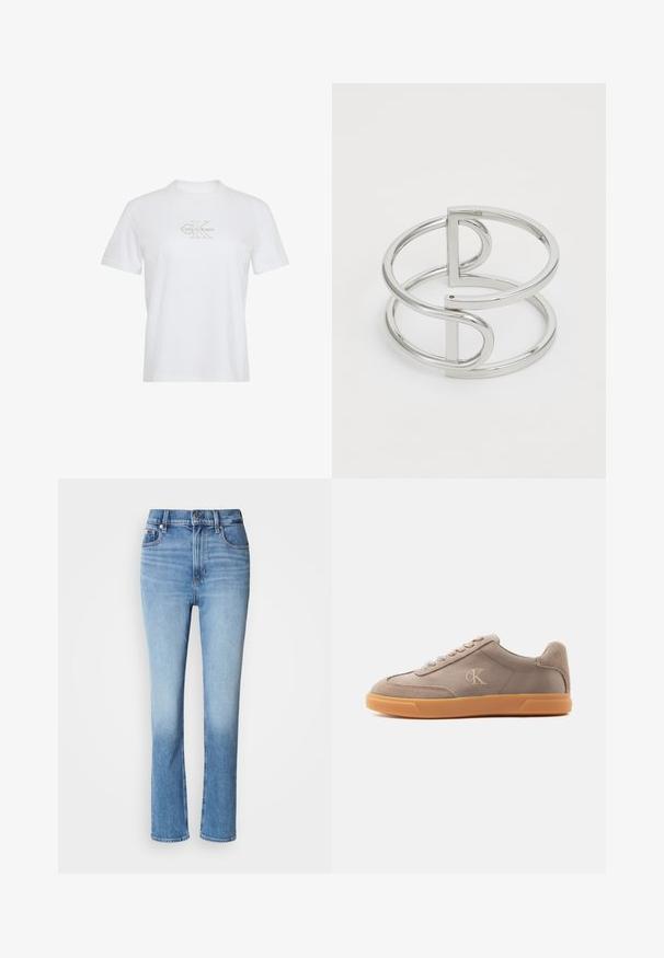 T-shirt blanc à manches courtes avec col rond et logo Calvin Klein beige clair centré sur la poitrine.; Jean en denim bleu avec taille haute, coupe droite, dégradé de couleur usé et style cinq poches. Fermeture à bouton en métal et zip.; Baskets basses taupe avec éléments en daim beige, semelle en caoutchouc naturel, lacets à l'avant et logo "cK" embossé sur le côté.; Bracelet en métal argenté avec un design à double boucle, fini lisse et brillant, et un accent géométrique minimaliste.