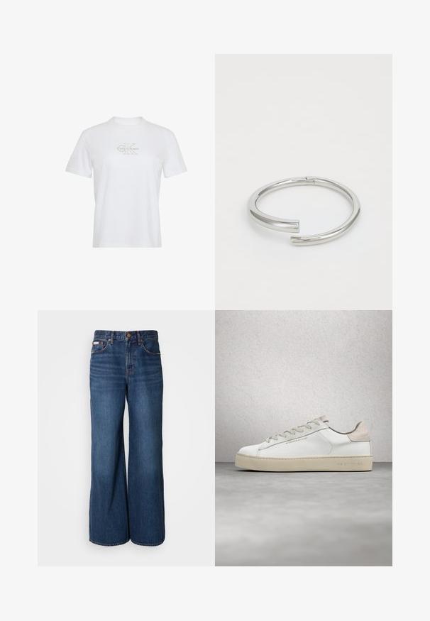 Hvid bomuld T-shirt med korte ærmer, rund hals og et guldprintet Calvin Klein-logo på forsiden.; Bredde jeans lavet af mørkeblåt denim. Funktioner inkluderer en høj talje, fem lommer og kontrasterende orange syninger langs sømmene.; Hvide lædersneakers med en glat overflade, beige ruskindsdetaljer, rund tå, flad snørebåndsdesign og en struktureret gummisål.; Calvin Klein SPIRAL - Armbånd - silver-coloured