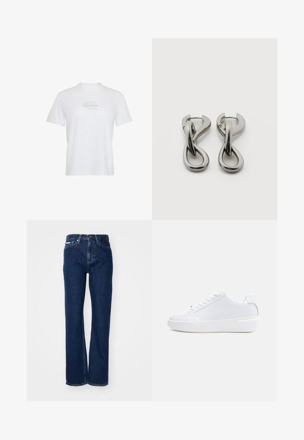 Camiseta blanca de algodón con mangas cortas, cuello redondo y un logo de Calvin Klein en dorado impreso en el frente.; Vaqueros de mezclilla azul oscuro con piernas rectas, cierre de botón y cinco bolsillos. La tela tiene una ligera textura con sutiles detalles en la costura.; Zapatilla blanca de corte bajo con cierre de cordones, suela gruesa y parte superior lisa, mostrada desde el lado exterior sobre un fondo claro y sencillo.; Par de pendientes de metal con acabado plateado y diseño abstracto de bucles entrelazados sobre un fondo blanco.