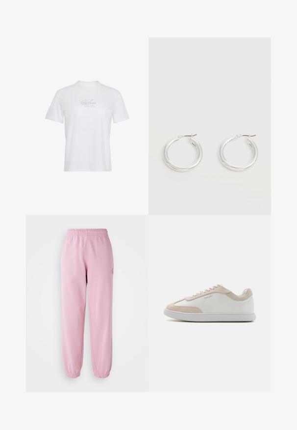 Valkoinen puuvillainen t-paita, jossa lyhyet hihat, pyöreä pääntie ja edessä kullanvärinen painettu Calvin Klein -logo.; Vaatekappaleet vaaleanpunaiset verkkarit, joissa on joustava vyötärö ja kootut hihnat. Valmistettu pehmeästä kankaasta, etuosassa on pieni logotyyli.; Valkoiset nahkakengät, joissa on vaaleanruskeat mokka-yksityiskohdat ja valkoiset nauhat. Kengissä on pyöristetyt varpaat ja pehmustettu pohja mukavuutta varten.; Pari keskikokoisia kiiltäviä hopeanvärisiä renkaanmuotoisia korvakoruja, joissa on ohuet metalliklipsit vaalealla neutraalilla taustalla.
