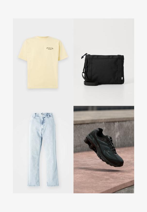 Žlté bavlnené tričko s krátkymi rukávmi a okrúhlym výstrihom, s potlačeným grafickým logom na ľavej hrudi.; Svetlomodré denim džiny so strihom s rovnými nohavicami, vysokým pásom, piatimi vreckami a zapínaním na gombík. S blednutou textúrou po celom povrchu.; Čierna atletická teniska s viditeľnou medzipodrážkou s air cushioning, ktorá visí nad ružovým kamenným povrchom s pozadím sivej kamennej steny.; Čierna textilná ramenná taška s textúrovaným povrchom, nastaviteľným pásom a sťahovaním. Vyznačuje sa výrazným prešívaním a bočným štítkom.