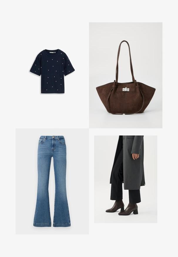 Navyblauw T-shirt met korte mouwen, met verspreide kleine roze hartjesprint en een ronde hals.; Blauwe flared jeans van denim, met een hoge taille, vijf zakken en subtiele vervaging, met zichtbare stikseldetails.; Hogehakige enkellaarsjes van donkerbruin leer met een spitse neus en blokhak, gecombineerd met zwarte broeken en een grijze jas.; Bruine suède tote bag met een gestructureerde vorm, voorzien van een zilveren metalen sluiting en twee schouderbanden. Glad van textuur met accentstiksels.