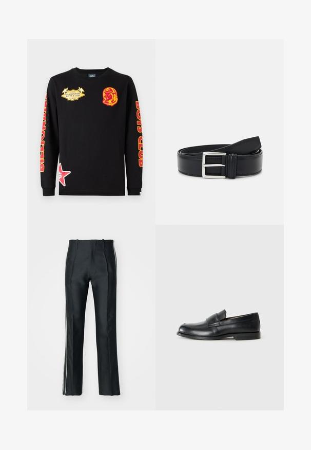 Camiseta de manga larga negra de algodón con estampados gráficos en rojo y amarillo, que incluyen un astronauta y una estrella, con el texto "Billionaire Boys Club".; Pantalones de satén negros con corte ajustado, que presentan franjas laterales blancas. Diseñados con una pierna acampanada y pliegues frontales para un detalle adicional.; Mocasines de cuero negro con punta redondeada, detalles cosidos y suela plana de goma. Presentan una banda ancha sobre el empeine.; Cinturón de piel negra con hebilla plateada, diseño plano, textura suave y costura contrastante a lo largo del borde.