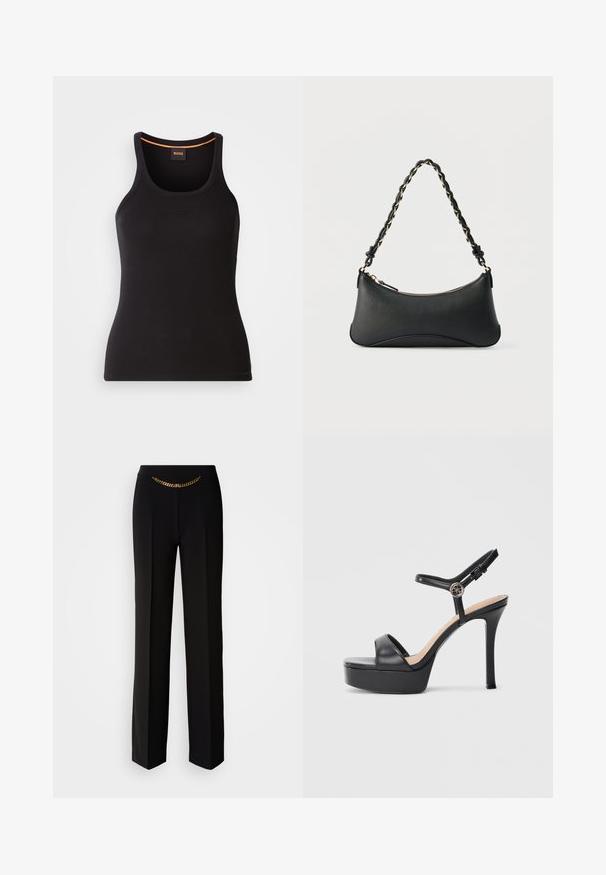 Sort ribbet tanktop med rund halsudskæring. Har en tætsiddende pasform og orange detaljer ved halsen. Brandlogo subtilt broderet på fronten.; MARCIANO BY GUESS ELLA CHAIN STRAIGHT PANTS - Bukser - black; Sorte platformsandaler med høj stiletthæl, der har en glat læderoverdel, peep toe-design og en justerbar ankelrem med metalbeslag.; Sort skuldertaske i læder med en buet rektangulær form, gyldent kæde vævet ind i en flettet sort rem og toplynlås.