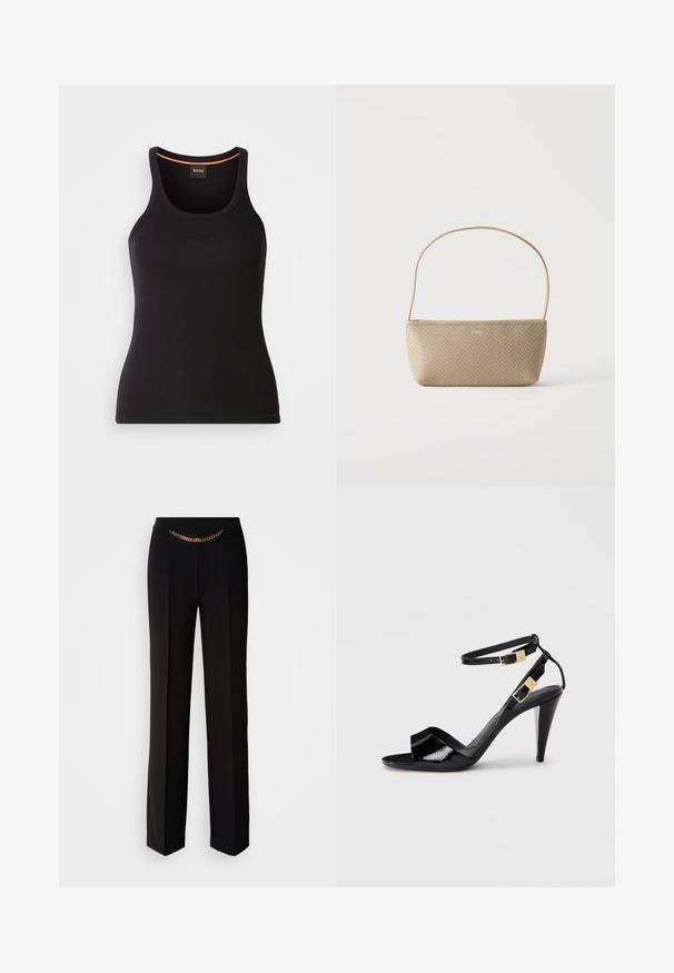 Sort ribbet tanktop med rund halsudskæring. Har en tætsiddende pasform og orange detaljer ved halsen. Brandlogo subtilt broderet på fronten.; MARCIANO BY GUESS ELLA CHAIN STRAIGHT PANTS - Bukser - black; Sorte patentlæder højhælede sandaler med dobbelte ankelremme og guldspænder, åben tå og slank taperet hæl på neutral baggrund.; Beige flettet håndtaske med tynd skulderrem og lille guld "BOSS" logo foran, vist mod en ensfarvet hvid baggrund.
