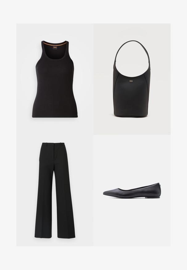 Débardeur noir côtelé avec un col rond. Présente une coupe ajustée et un accent orange au niveau du col. Logo de la marque discrètement brodé à l'avant.; Pantalons black à jambes larges avec un design sur mesure, présentant une texture lisse et de subtils plis à l'avant. Pas de garnitures ou de motifs visibles.; Chaussure plate en cuir noire à bout pointu avec petit talon, vue de profil sur fond blanc.; Sac seau en cuir noir avec une seule bandoulière et un petit logo BOSS doré centré près du haut à l'avant.