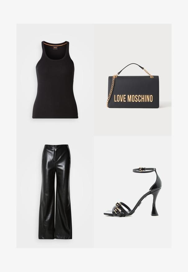 Sort ribbet tanktop med rund halsudskæring. Har en tætsiddende pasform og orange detaljer ved halsen. Brandlogo subtilt broderet på fronten.; Sorte læder bukser med bred ben, glat tekstur, høj talje og skjult lynlås foran. Skræddersyet pasform med en ren finish.; Sort lak-sandal med høj hæl, ankelrem og to forreste remme med guldfarvede spændedetaljer, set fra siden på hvid baggrund.; Sort rektangulær håndtaske med guldkæde og store gyldne "LOVE MOSCHINO" bogstaver på fronten.