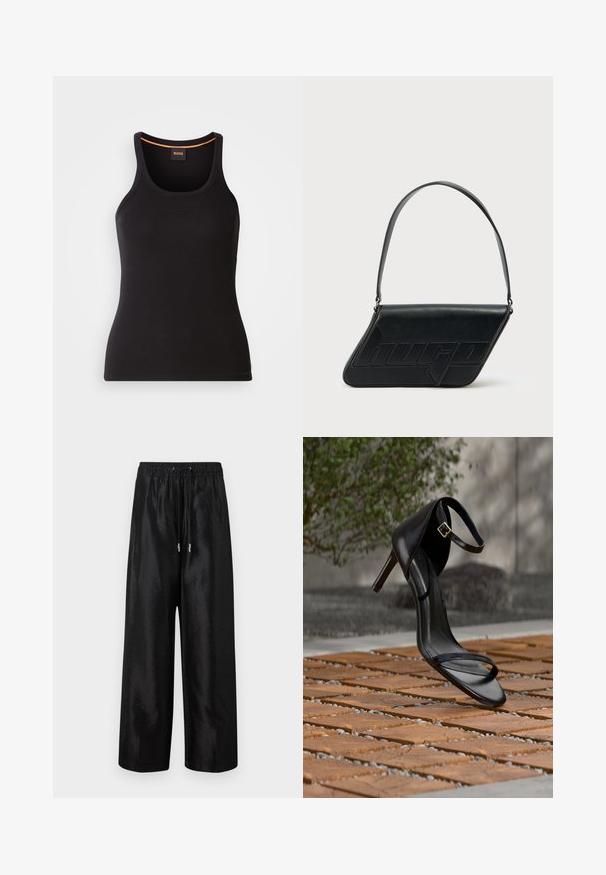 Débardeur noir côtelé avec un col rond. Présente une coupe ajustée et un accent orange au niveau du col. Logo de la marque discrètement brodé à l'avant.; Pantalons larges noirs en tissu brillant avec une taille élastique et un cordon de serrage, ornés d'accents en métal argenté.; Sandale noire à talon haut avec sangle à la cheville, suspendue au-dessus d'un sol en carreaux de bois à l'extérieur, avec un arrière-plan flou de verdure et de pierre.; Sac d'épaule en cuir noir de forme triangulaire, avec un logo embossé et une seule bandoulière réglable. Design minimaliste avec une texture lisse.