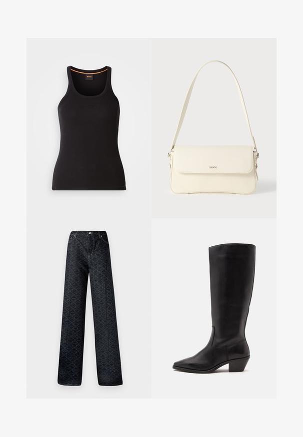 Schwarzes, geripptes Tanktop mit rundem Ausschnitt. Es hat eine schmale Passform und einen orangefarbenen Akzent am Hals. Das Markenlogo ist dezent auf der Vorderseite gestickt.; Dunkelblaue, weite Jeans mit geometrischem Muster, aus Denim gefertigt. Mit Metallknopf, Reißverschluss und Kettelung der vorderen Taschen.; Schwarzer Lederstiefel bis zur Wade mit spitzer Spitze und niedrigem schrägem Absatz vor einfachem hellem Hintergrund.; Schultertasche aus cremefarbenem Leder mit Klappverschluss, silbernen Beschlägen, einem verstellbaren Riemen und einem dezenten Logodetail.
