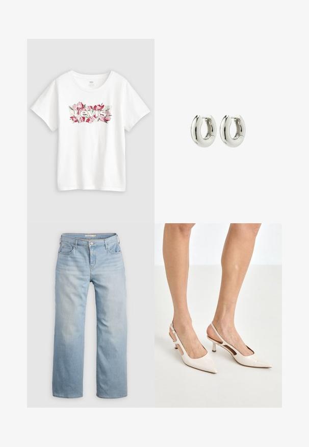 Camiseta blanca de algodón con un diseño floral que presenta flores rosas rodeando el logo "Levi's" en letras negritas. Mangas cortas y cuello redondo.; Pantalones vaqueros de pierna ancha de color azul claro, confeccionados en denim. Con una cintura alta, cinco bolsillos y costuras de contraste. Textura suave con un acabado desgastado.; Tacones slingback de charol beige con punta afilada y un tacón de 5 cm, con lados recortados y una delgada correa en el tobillo.; Pendientes de aro de plata con un diseño suave y redondeado y un acabado brillante. Presentan un cierre de bisagra sencillo para facilitar su uso.