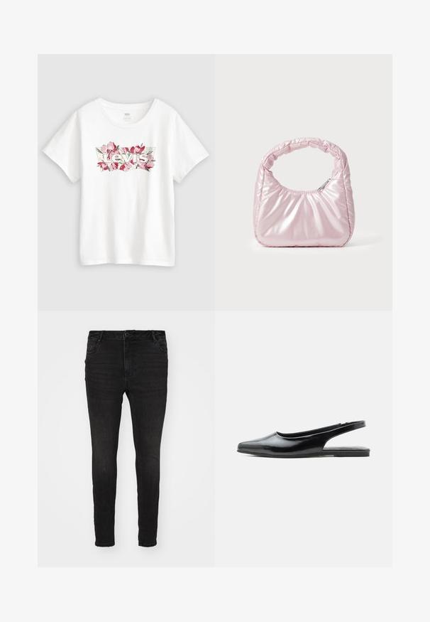 Hvid bomulds-T-shirt med blomsterdesign, hvor rosa blomster omgiver "Levi's"-logoet i fede bogstaver. Kortærmet med rund hals.; Vero Moda Curve Skinny fit VMCFLASH Mid rise - Jeans Skinny Fit - black denim; Sort laklæder flad slingback-sko med spids tå og lav hæl på hvid baggrund.; Rosa, polstret håndtaske med afrundet design, lavet af skinnende materiale. Har et samlet håndtag og en lynlås til sikker adgang.