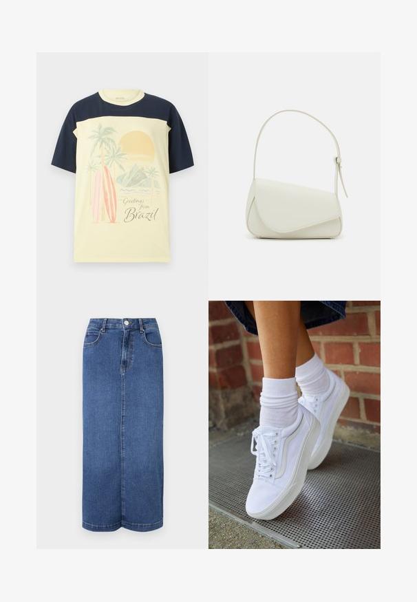 Lichtgele t-shirt met marineblauwe mouwen. Bevat een grafische print van palmbomen, surfplanken en een zon, met de tekst "Groeten uit Brazilië".; Denim maxi rok in donkerblauw, met een rechte snit, een tailleband met knoopsluiting en minimale stikdetails.; Witte canvas sneakers met rubberen zolen, voorzien van zes vetertjes, een ronde neus en lichte stikdetails, gecombineerd met witte enkelsokken.; Witte nepleren handtas met een gestructureerde driehoekige vorm, een enkele verstelbare schouderriem en een klep met ronde accenten.