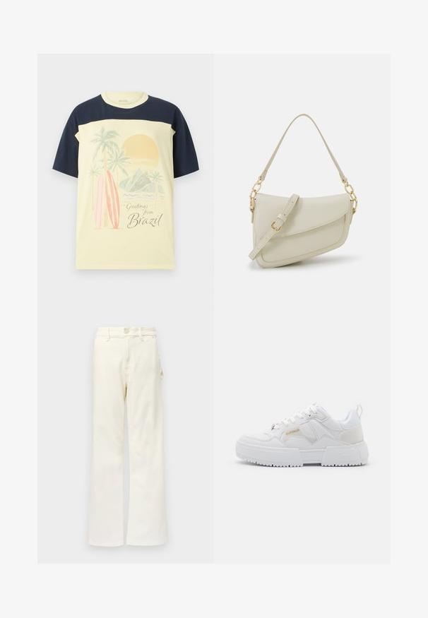 Lysegul t-shirt med mørkeblå ærmer. Har en grafisk print af palmetræer, surfbrætter og en sol, samt teksten "Hilsner fra Brasilien".; Good American GOOD 90S CARPENTER - Wide leg - white denim; Hvide sneakers med et chunky design, fremstillet af læder og syntetiske materialer, med teksturerede detaljer, snørebånd og et fremtrædende logo i guld.; Lille cremehåndtaske med tekstureret overflade, en lang justerbar rem, en kædeaccent og flaplukning. Detaljer i guldhardware.