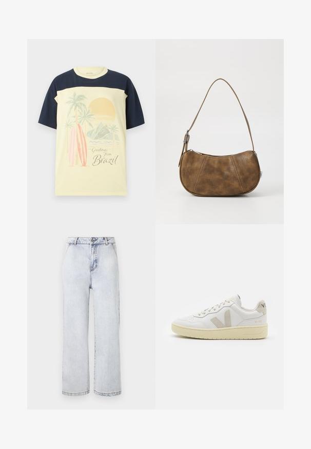 Lysegul t-shirt med mørkeblå ærmer. Har en grafisk print af palmetræer, surfbrætter og en sol, samt teksten "Hilsner fra Brasilien".; Lyseblå denim bredbenede jeans med høj talje, med knaplukning, lige kant og minimal falming.; Hvide lærreds sneakers med beige ruskindsdetaljer, perforeret tåboks, flade snørebånd og en struktureret cremefarvet sål. Har diskret branding på hælen.; Brun faux læder skuldertaske med en buet form, en enkelt strop, kontrasterende syninger og en lynlåslukning langs den øverste kant.