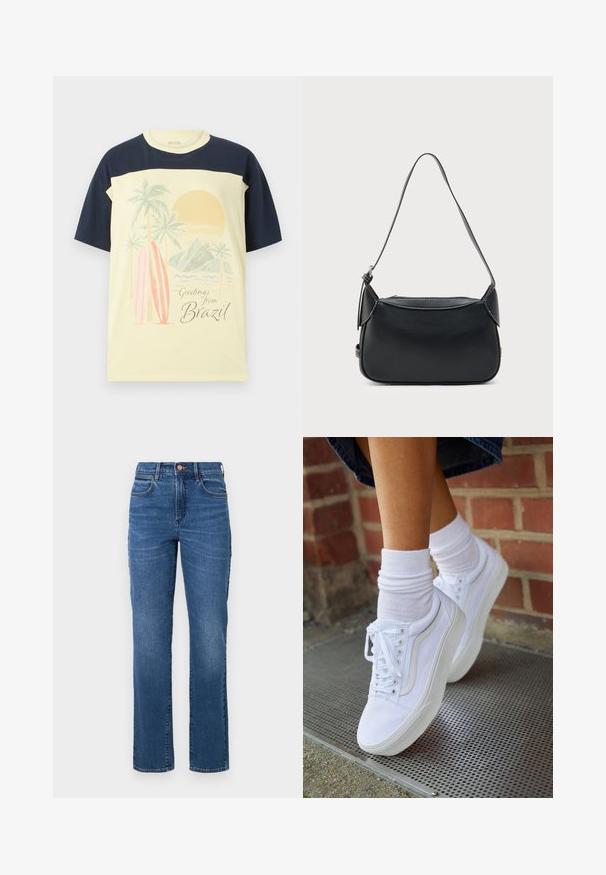 T-shirt jaune clair avec des manches bleu marine. Arbore un imprimé graphique de palmiers, de planches de surf et d'un soleil, avec le texte « Salutations du Brésil ». ; Jean en denim bleu avec une coupe droite, taille haute, cinq poches et des coutures minimales. Le tissu présente une texture légèrement décolorée.; Baskets en toile blanches avec semelles en caoutchouc, dotées de six œillets, d'un bout rond et de détails de couture légers, portées avec des chaussettes blanches mi-mollet.; Sac à bandoulière en cuir noir avec une texture lisse, une forme arrondie et une fine bandoulière. Il dispose d'une fermeture éclair et d'accents matériels minimalistes.
