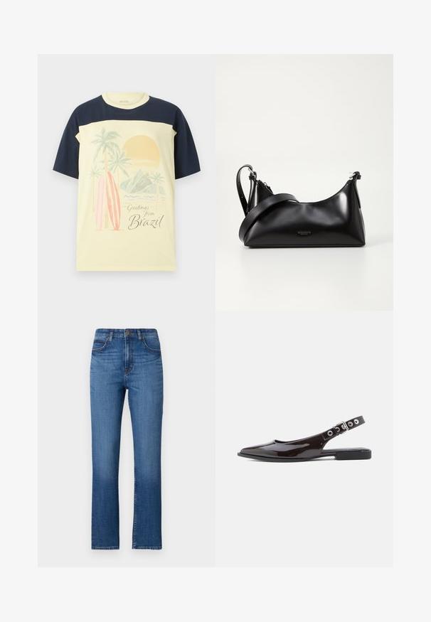 Lichtgele t-shirt met marineblauwe mouwen. Bevat een grafische print van palmbomen, surfplanken en een zon, met de tekst "Groeten uit Brazilië".; Blauw denim jeans met een rechte pasvorm, hoge taille, vijf zakken en subtiele stiksels langs de naden. Glad oppervlak.; Zwarte slingback platte schoenen van lakleer met een puntige neus, platte hak en verstelbare band met zilverkleurige hardware en oogdetail.; Zwarte leren handtas met een gladde textuur. Beschikt over een verstelbare schouderband en een strak, minimalistisch ontwerp met een ritssluiting.