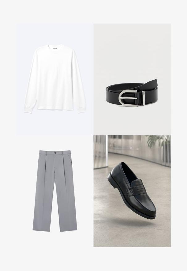 Chemise blanche unie à manches longues avec col rond et poignets côtelés, présentée sur un fond clair neutre.; Pantalons plissés gris à coupe décontractée, en tissu léger. Comprend des poches avant et une fermeture à bouton à la taille.; Mocassin en cuir noir à texture lisse, bout pointu et bande décorative sur le cou-de-pied. Semelle légère, design minimaliste.; Ceinture en cuir noir avec une texture lisse, dotée d'une boucle en métal argenté et d'une forme rectangulaire classique.