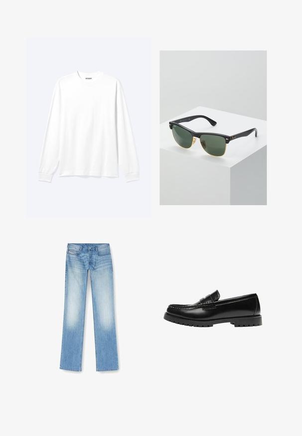 Chemise blanche unie à manches longues avec col rond et poignets côtelés, présentée sur un fond clair neutre.; Jean droit bleu clair en denim, présentant une finition délavée, un design à cinq poches et des détails de couture visibles le long des coutures.; Mocassin en cuir noir avec une semelle en caoutchouc épaisse et un détail classique de bride à monnaie, vu de côté extérieur.; Lunettes de soleil Ray-Ban avec des verres verts, monture en plastique noir et accents dorés sur les bords. Forme carrée avec une finition mate.