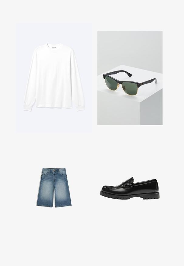 Chemise blanche unie à manches longues avec col rond et poignets côtelés, présentée sur un fond clair neutre.; Shorts en jean bleu moyen jusqu'au genou avec poches avant, passants pour ceinture et fermeture par bouton, présentant un léger effet délavé sur les cuisses.; Mocassin en cuir noir avec une semelle en caoutchouc épaisse et un détail classique de bride à monnaie, vu de côté extérieur.; Lunettes de soleil Ray-Ban avec des verres verts, monture en plastique noir et accents dorés sur les bords. Forme carrée avec une finition mate.