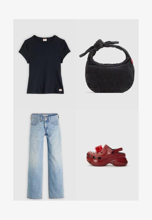 Sort ribstrikket t-shirt til kvinder med korte ærmer, rund halsudskæring og lille Levi’s-mærkat foran ved kanten på lys grå baggrund.; Lyseblå vidde jeans i denim med knaplukning, baglommer og en let falmet vask for et afslappet look.; Rød plastikklip med ventilationshuller, hævet hæl og en blomsterdekoration ovenpå. Har en bagrem og teksturerede sider.; Lille sort denim skuldertaske med knyttet rem og lynlåslukning, med en rød Levi's stofetiket på siden.