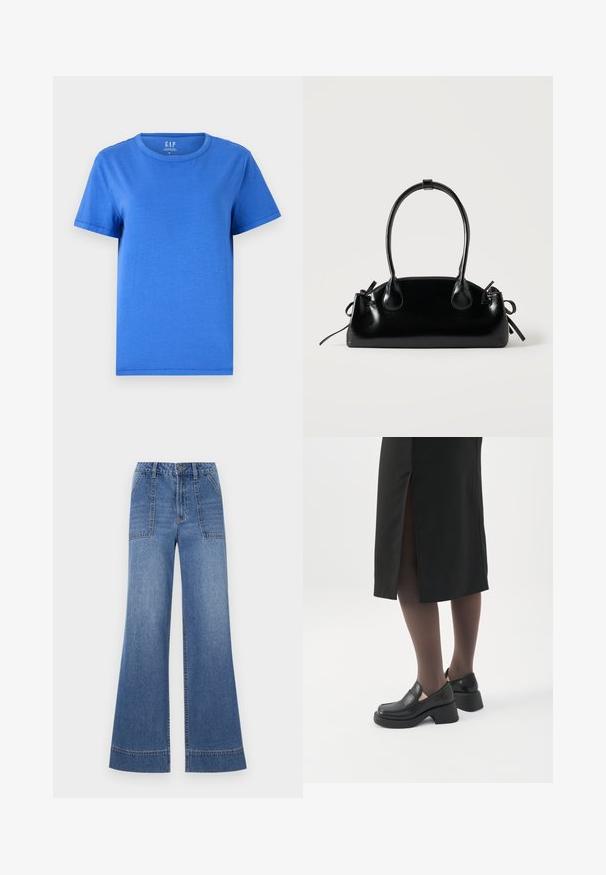 Ein schlichtes blaues T-Shirt aus Baumwolle mit Rundhalsausschnitt, kurzen Ärmeln und geradem Saum. Keine sichtbaren Muster oder Akzente.; Weite blaue Jeans aus Denim, mit hohem Bund, vorderen Taschen und einem sauberen Saum mit kontrastierenden Nähten an den Seitennähten.; Frau trägt schwarze Loafers mit klobigem Absatz, schwarze transparente Strumpfhosen und einen schwarzen Rock mit Schlitz hinten vor weißem Hintergrund.; Kleine schwarze glänzende Handtasche mit zwei langen Griffen und seitlichen Kordelzug-Details vor einfachem hellem Hintergrund.