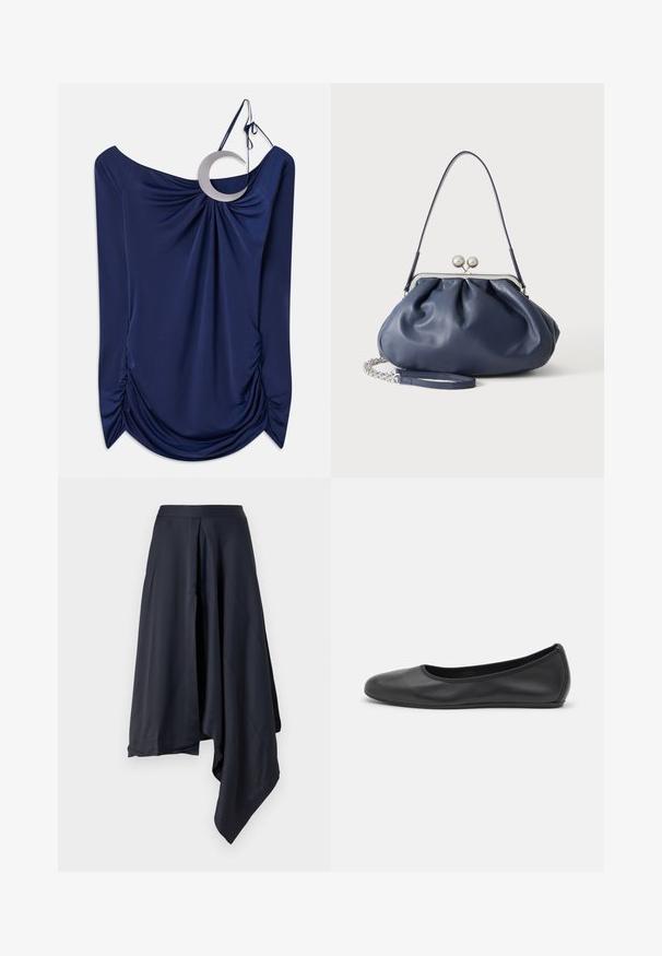 Marineblauwe gedrapeerde top met een off-shoulder ontwerp, voorzien van een ronde metalen accent en geraffineerde details aan de zijkanten. Stijlvolle textuur.; Marineblauwe satijnen midi-rok met een asymmetrische zoom, voorzien van een gladde textuur en subtiele draping. Aansluitende tailleband zonder zichtbare sluitingen.; Zwarte leren ballerina met een ronde neus, gladde textuur, minimale stikdetails en een flexibele zoolontwerp.; Zachte navyblauwe leren handtas met zilveren sluiting, enkele schouderband en afneembare ketting polsband op witte achtergrond.
