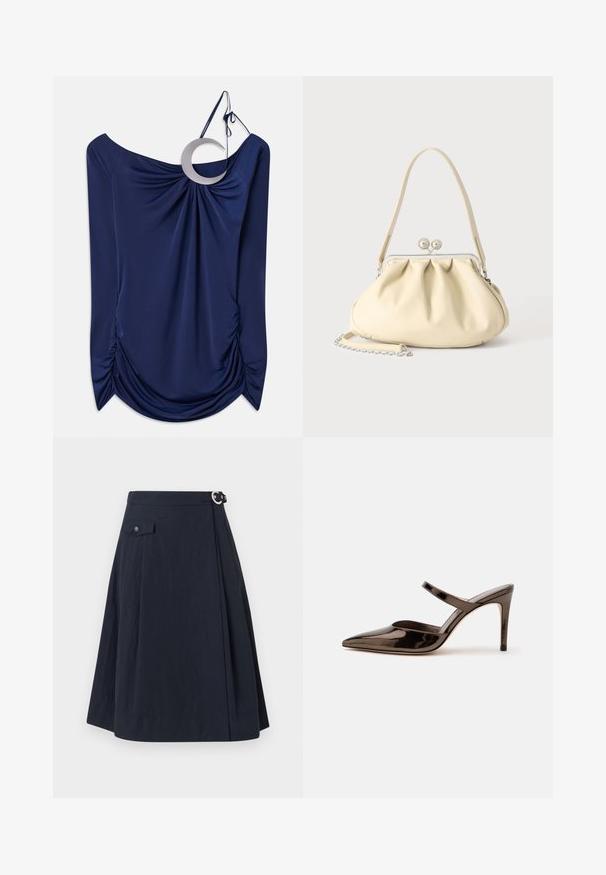 Marineblauwe gedrapeerde top met een off-shoulder ontwerp, voorzien van een ronde metalen accent en geraffineerde details aan de zijkanten. Stijlvolle textuur.; Navyblauwe A-lijn rok met een zijknoopsluiting, voorzien van een voorzak en een soepele, lichte stof met een lichte glans.; G glanzende donkerbruine mule met spitsen neus en hoge hak met een smalle band over de wreef op een effen witte achtergrond.; Crèmekleurige zachte leren handtas met geplooid ontwerp, zilveren frame sluiting, korte handgreep en een afneembare kettingriem.