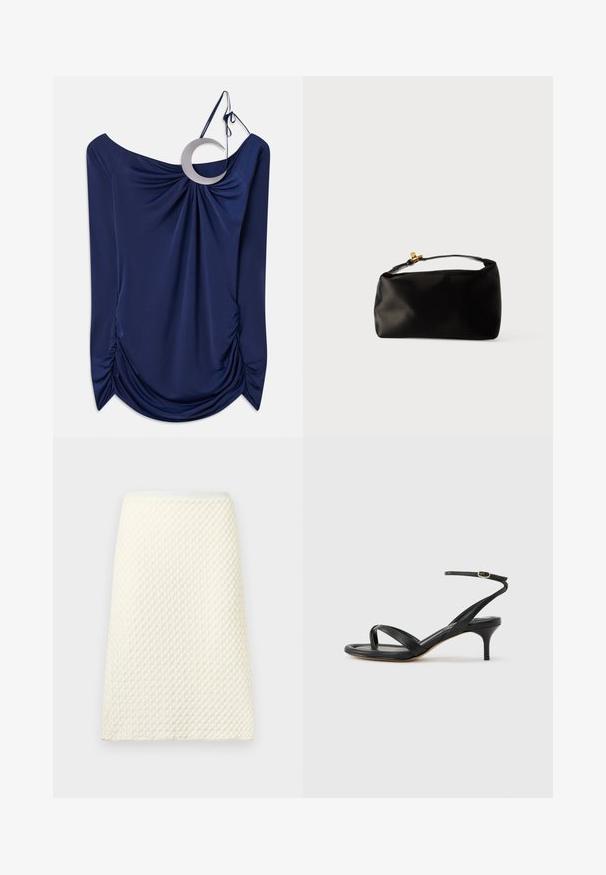Mørkeblå draperet top med off-shoulder design, prydet med en rund metallaccent og indsamlet detaljering på siderne. Glat tekstur.; Kremfarvet strikket blyantskørt med tekstur, høj talje og et subtilt bølget mønster.; Sort damesandal i læder med tynde remme, en tå-loop, ankelspænde og en mellemhøj stiletthæl på en neutral baggrund.; Sort satinpung med en afrundet form, et håndtag i toppen og en guldaccentlås. Glat tekstur med et minimalistisk design.