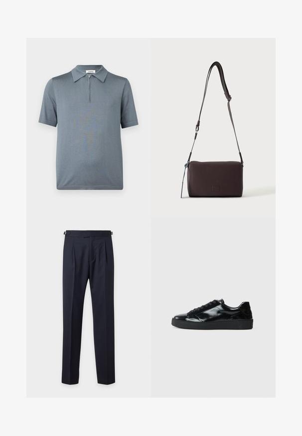 Polo gris à manches courtes avec col et fermeture éclair à l'avant, présenté sur un fond blanc.; Pantalon habillé bleu marine cintré avec plis, pattes latérales ajustables et coupe droite slim sur un fond clair uni.; Baskets en cuir verni noir avec un bout arrondi, un laçage, une semelle en caoutchouc texturé et une finition lisse.; Sac bandoulière en cuir marron foncé texturé avec une sangle réglable et un petit accent décoratif bleu sur le côté.